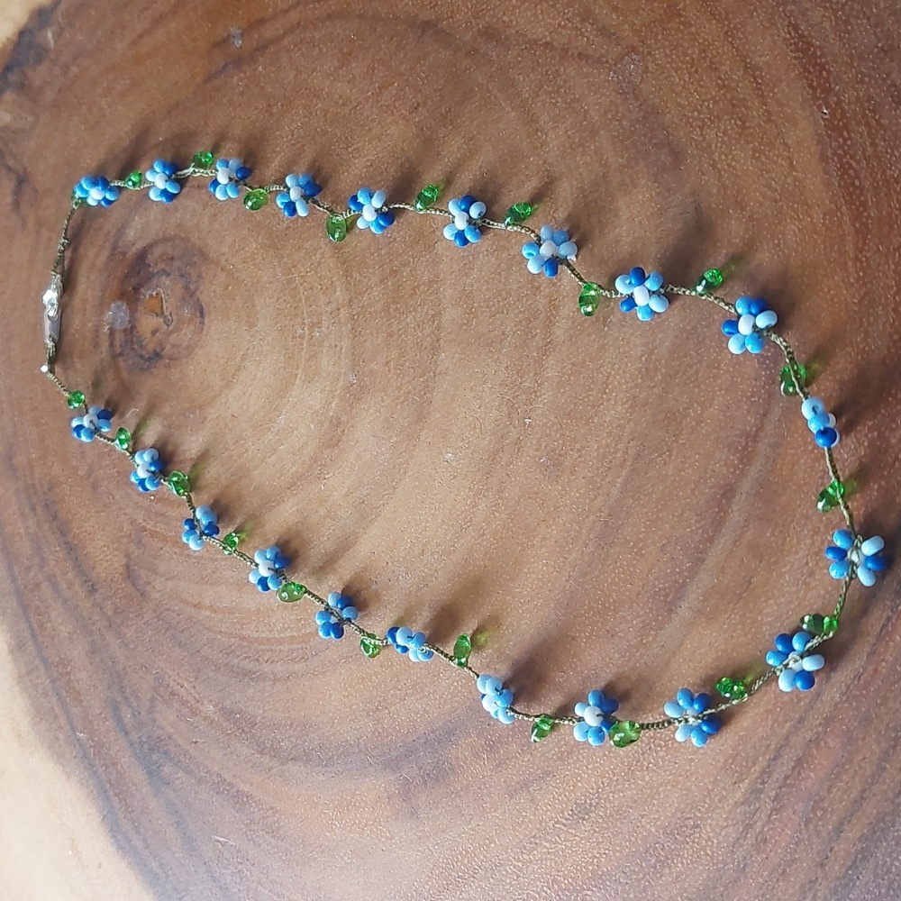 Hand Crafted Dainty Floral Necklace, Blues, 18 Inch, By Rust Belt Raised